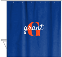 Thumbnail for Personalized Solid Color Shower Curtain - Blue Background - Name Over Initial - Hanging View