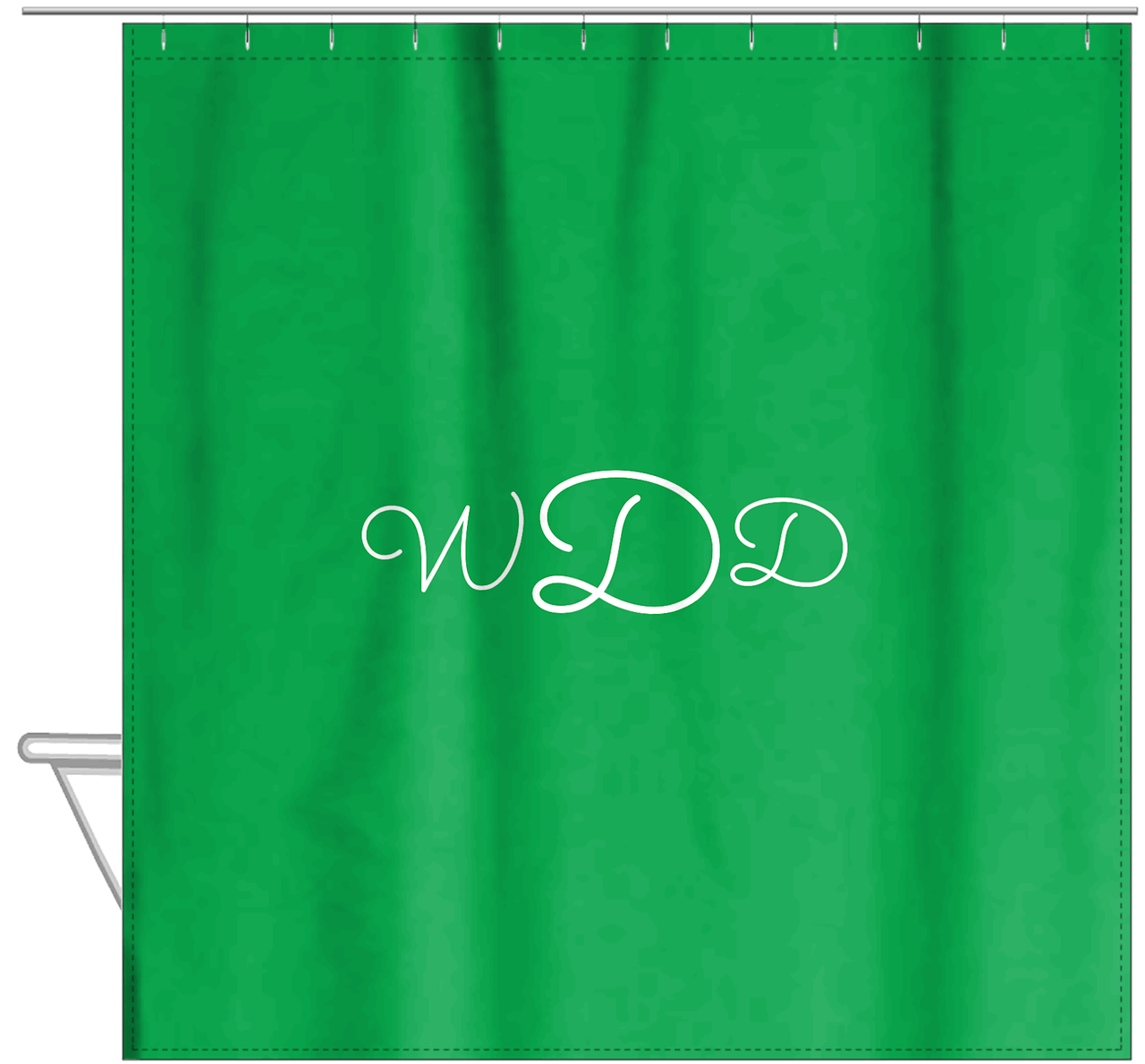 Personalized Solid Color Shower Curtain - Green Background - Monogram - Hanging View