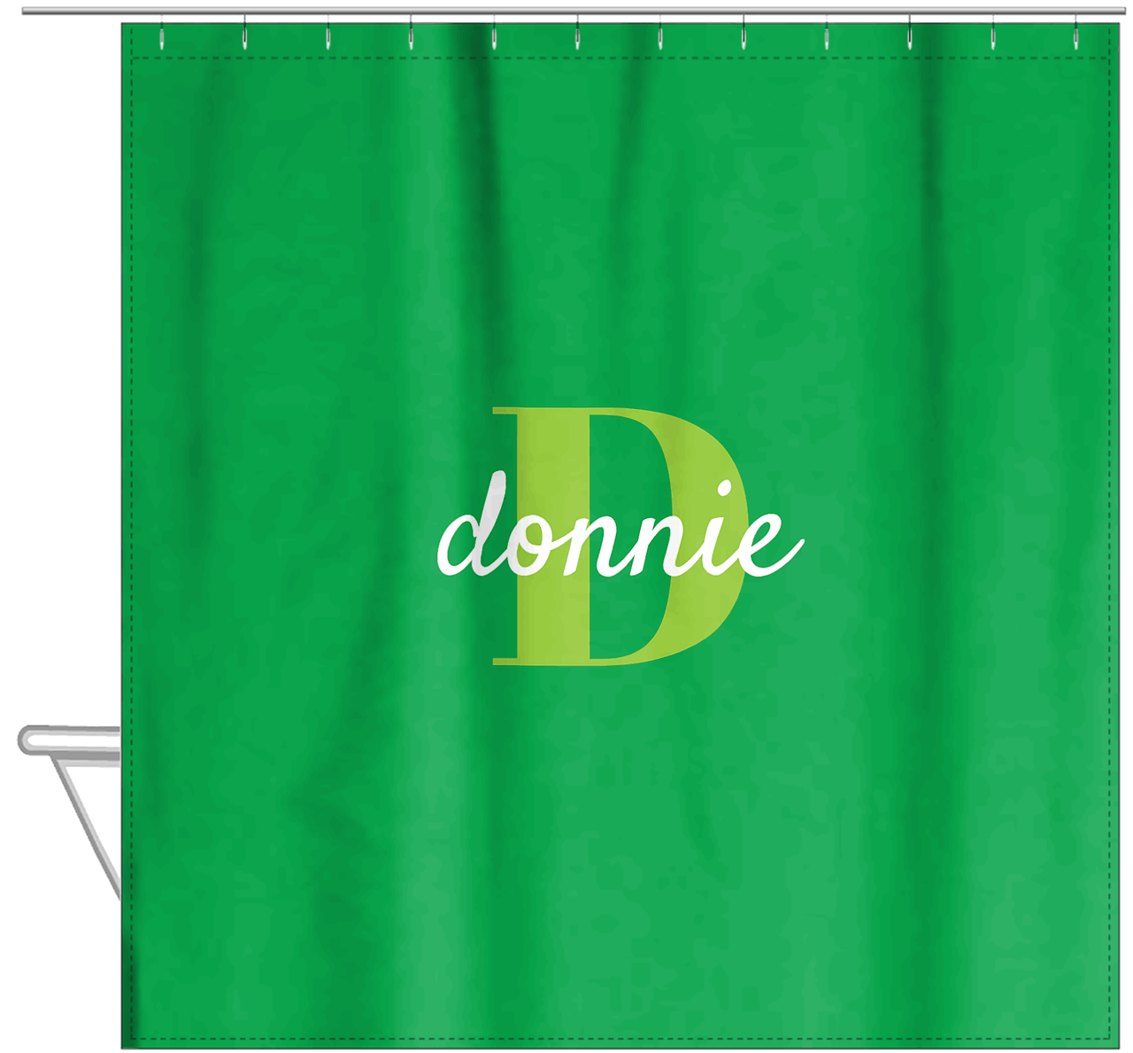 Personalized Solid Color Shower Curtain - Green Background - Name Over Initial - Hanging View