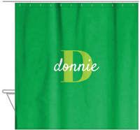 Thumbnail for Personalized Solid Color Shower Curtain - Green Background - Name Over Initial - Hanging View