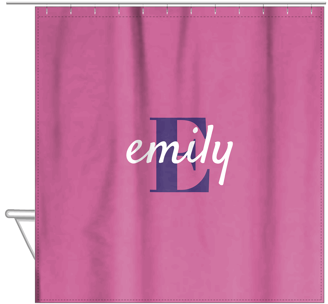 Personalized Solid Color Shower Curtain - Pink Background - Name Over Initial - Hanging View
