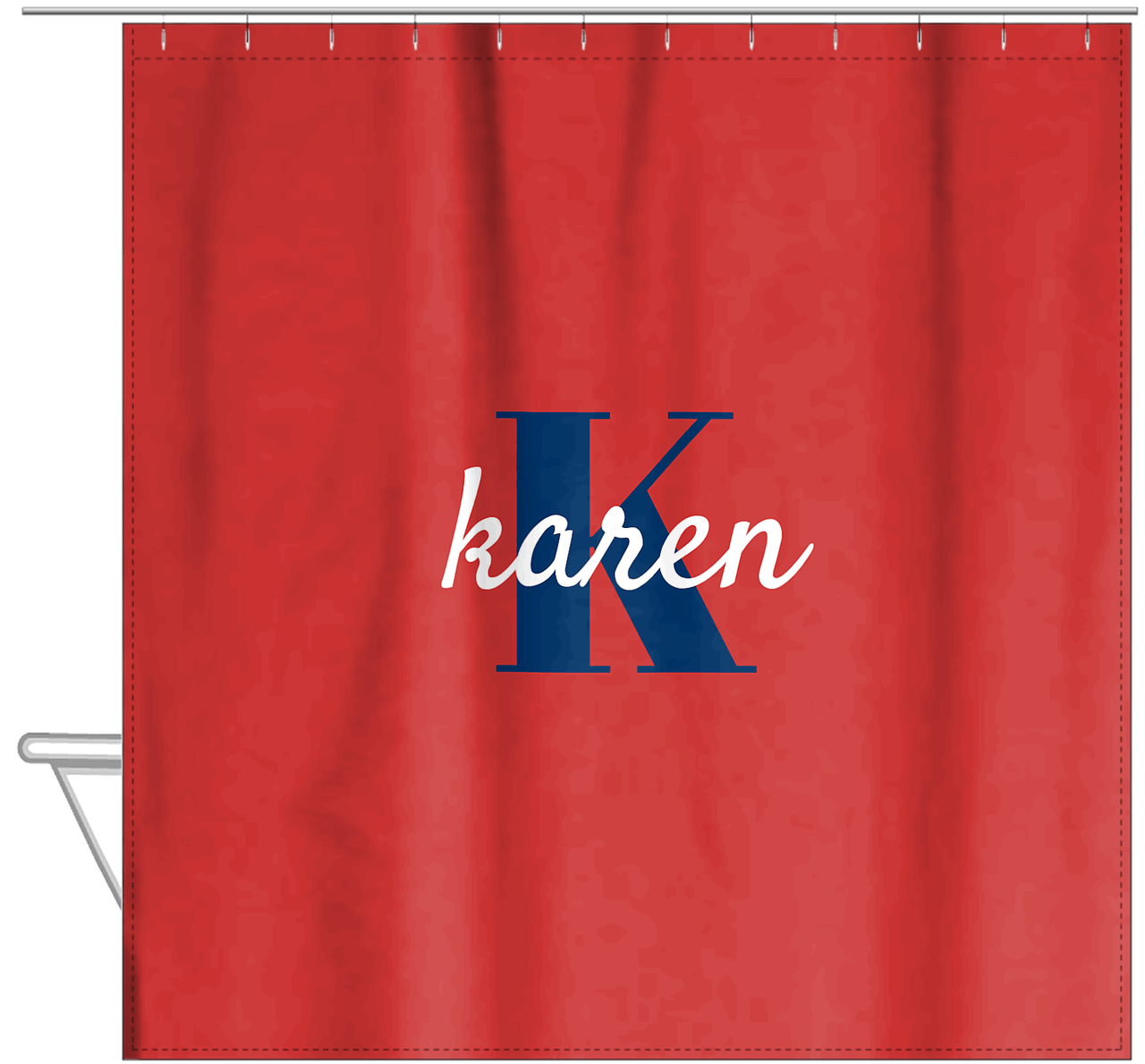 Personalized Solid Color Shower Curtain - Red Background - Name Over Initial - Hanging View