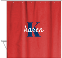 Thumbnail for Personalized Solid Color Shower Curtain - Red Background - Name Over Initial - Hanging View
