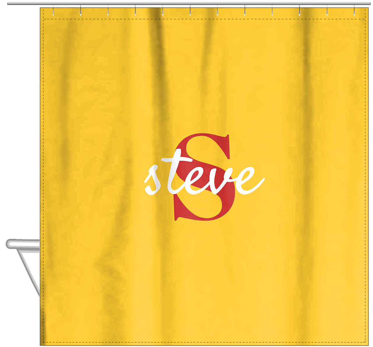 Personalized Solid Color Shower Curtain - Yellow Background - Name Over Initial - Hanging View