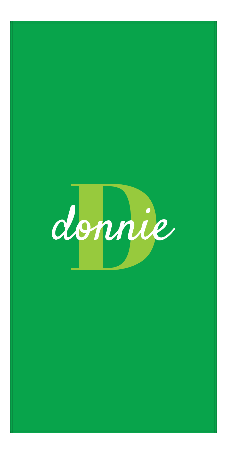Personalized Solid Color Beach Towel - Vertical - Green Background - Name Over Initial - Front View
