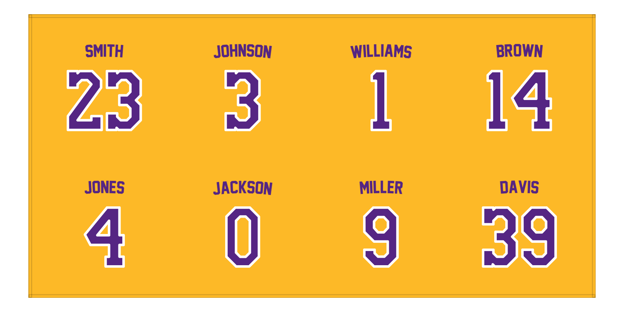 Personalized Sports Team Beach Towel - Purple & Gold - 8 Names - Front View