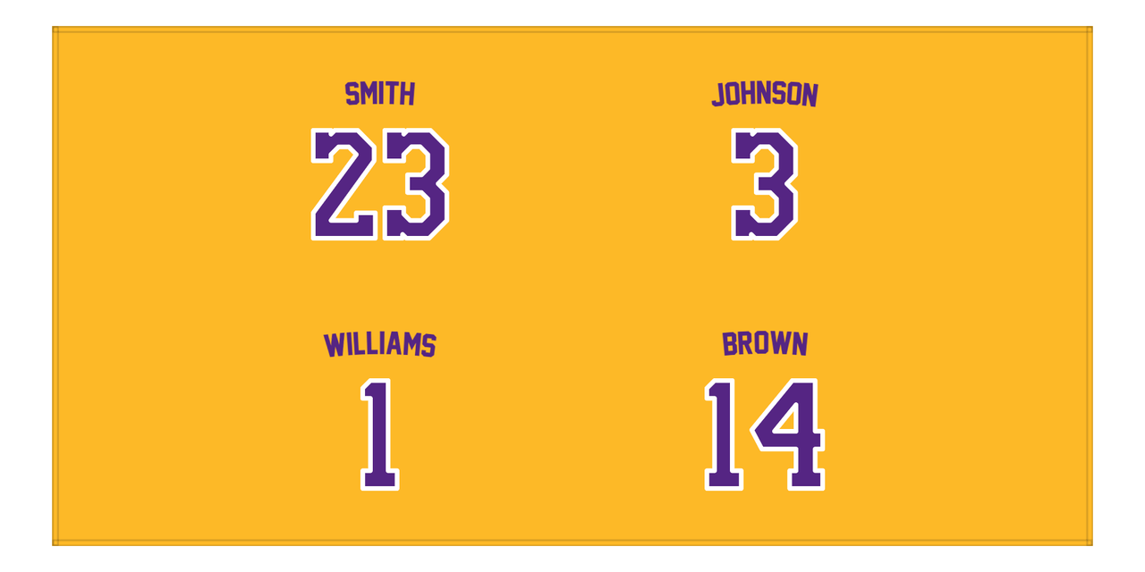 Personalized Sports Team Beach Towel - Purple & Gold - 4 Names - Front View