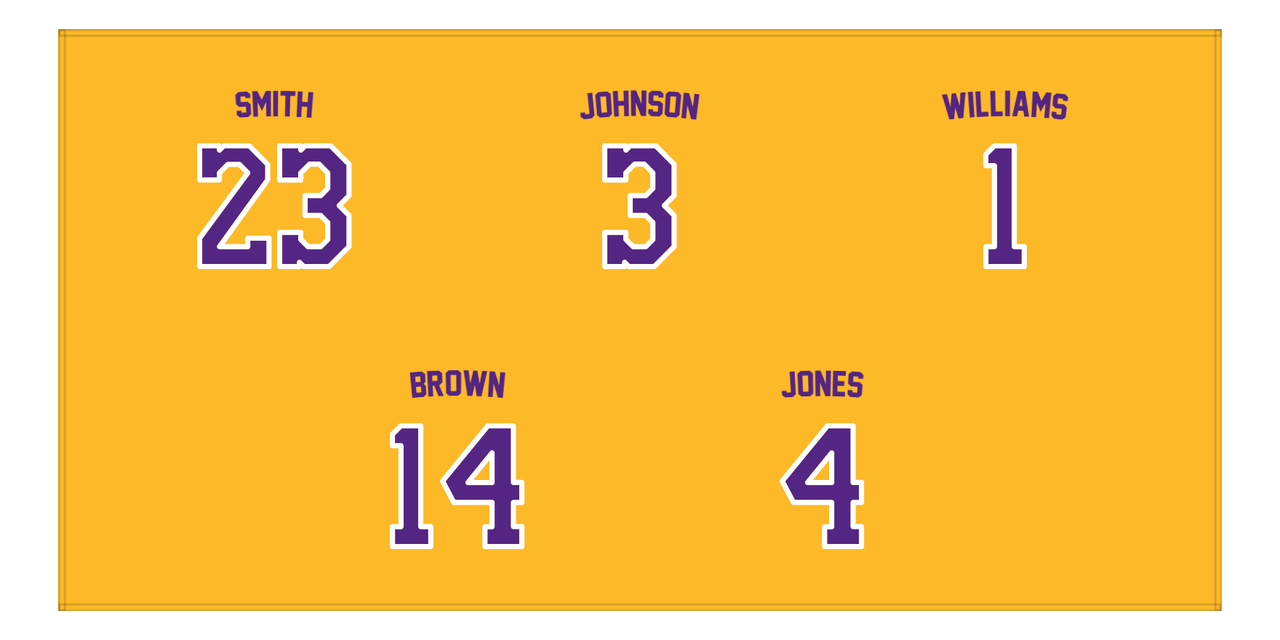 Personalized Sports Team Beach Towel - Purple & Gold - 5 Names - Front View
