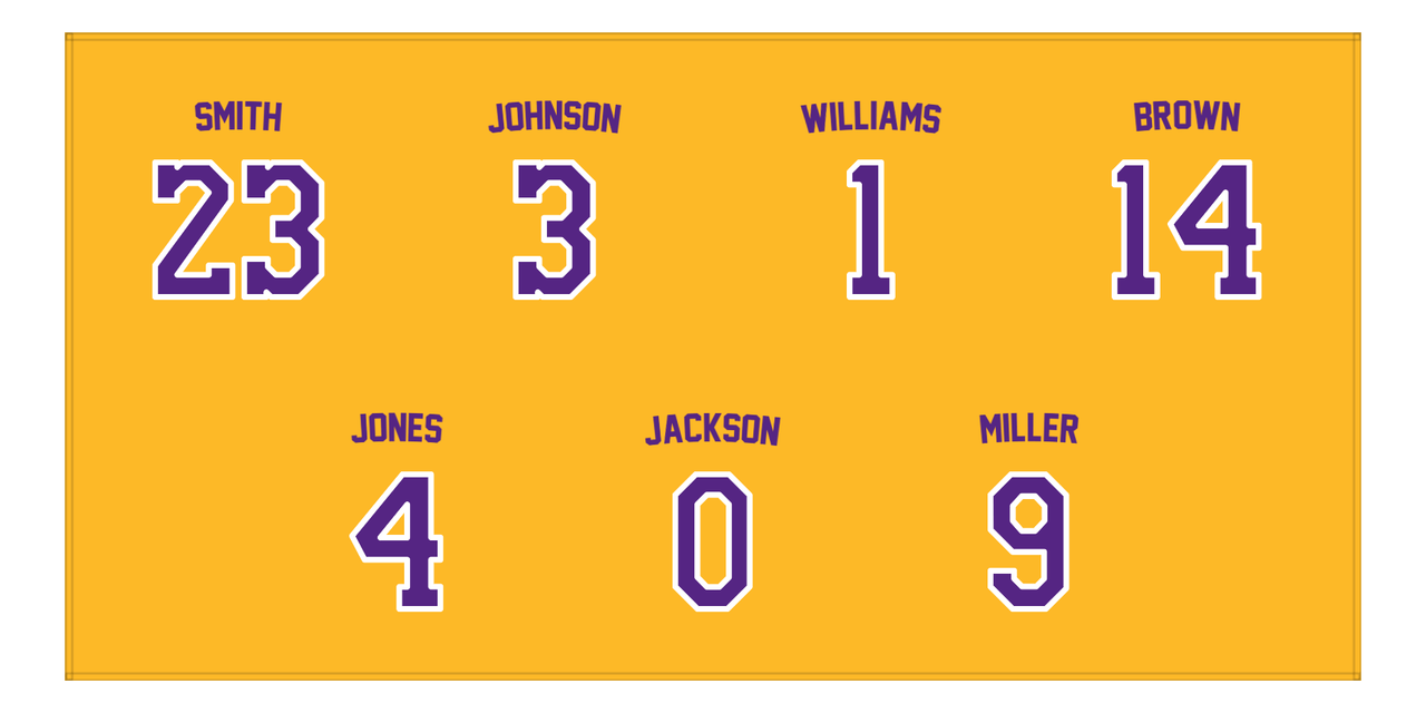 Personalized Sports Team Beach Towel - Purple & Gold - 7 Names - Front View