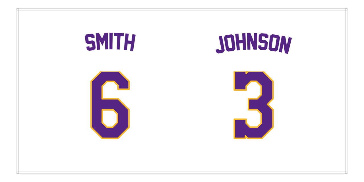Personalized Sports Team Beach Towel - White, Purple, & Gold - 2 Names - Front View