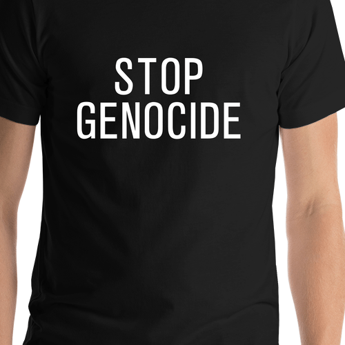 Stop Genocide T-Shirt - Black - Shirt Close-Up View