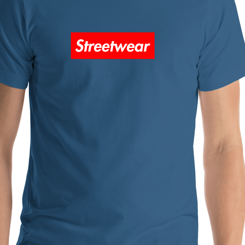 Personalized Streetwear T-Shirt - Steel Blue - Your Custom Text - Shirt Close-Up View
