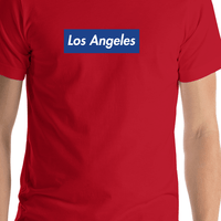 Thumbnail for Personalized Streetwear T-Shirt - Red - Los Angeles - Shirt Close-Up View