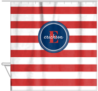 Thumbnail for Personalized Striped Shower Curtain - Red, White, and Blue - Circle Nameplate - Hanging View