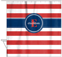 Thumbnail for Personalized Striped Shower Curtain - Red, White, and Blue - Circle Ribbon Nameplate - Hanging View