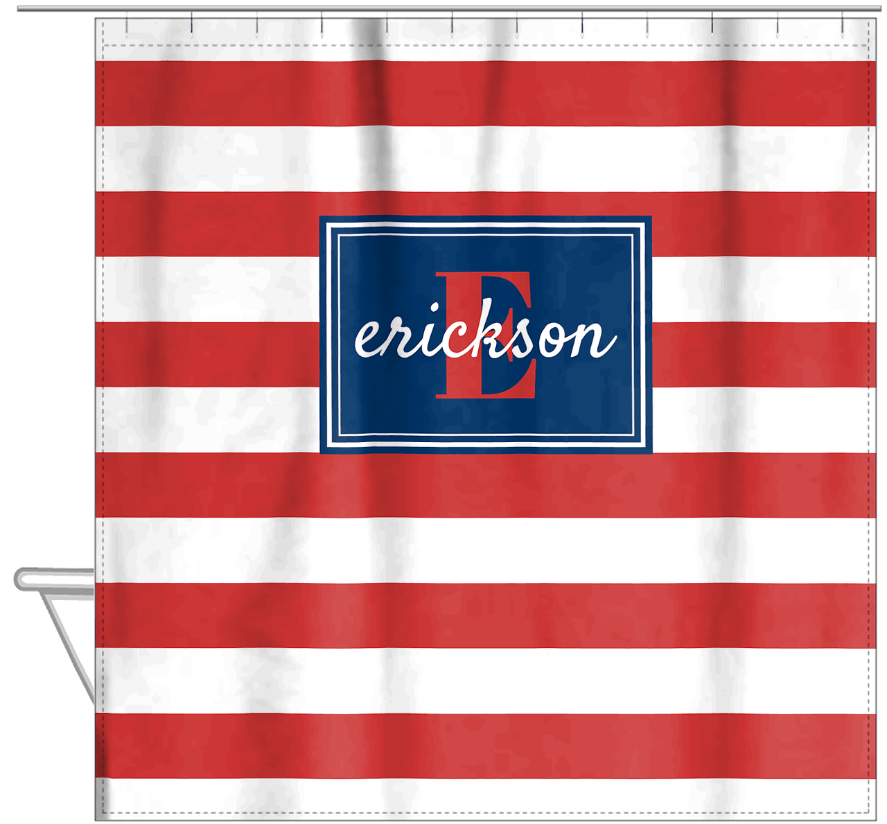 Personalized Striped Shower Curtain - Red, White, and Blue - Rectangle Nameplate - Hanging View