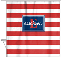 Thumbnail for Personalized Striped Shower Curtain - Red, White, and Blue - Rectangle Nameplate - Hanging View