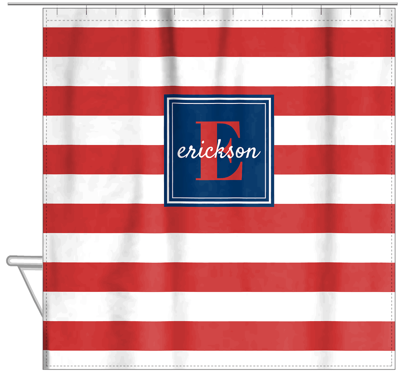 Personalized Striped Shower Curtain - Red, White, and Blue - Square Nameplate - Hanging View