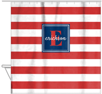 Thumbnail for Personalized Striped Shower Curtain - Red, White, and Blue - Square Nameplate - Hanging View