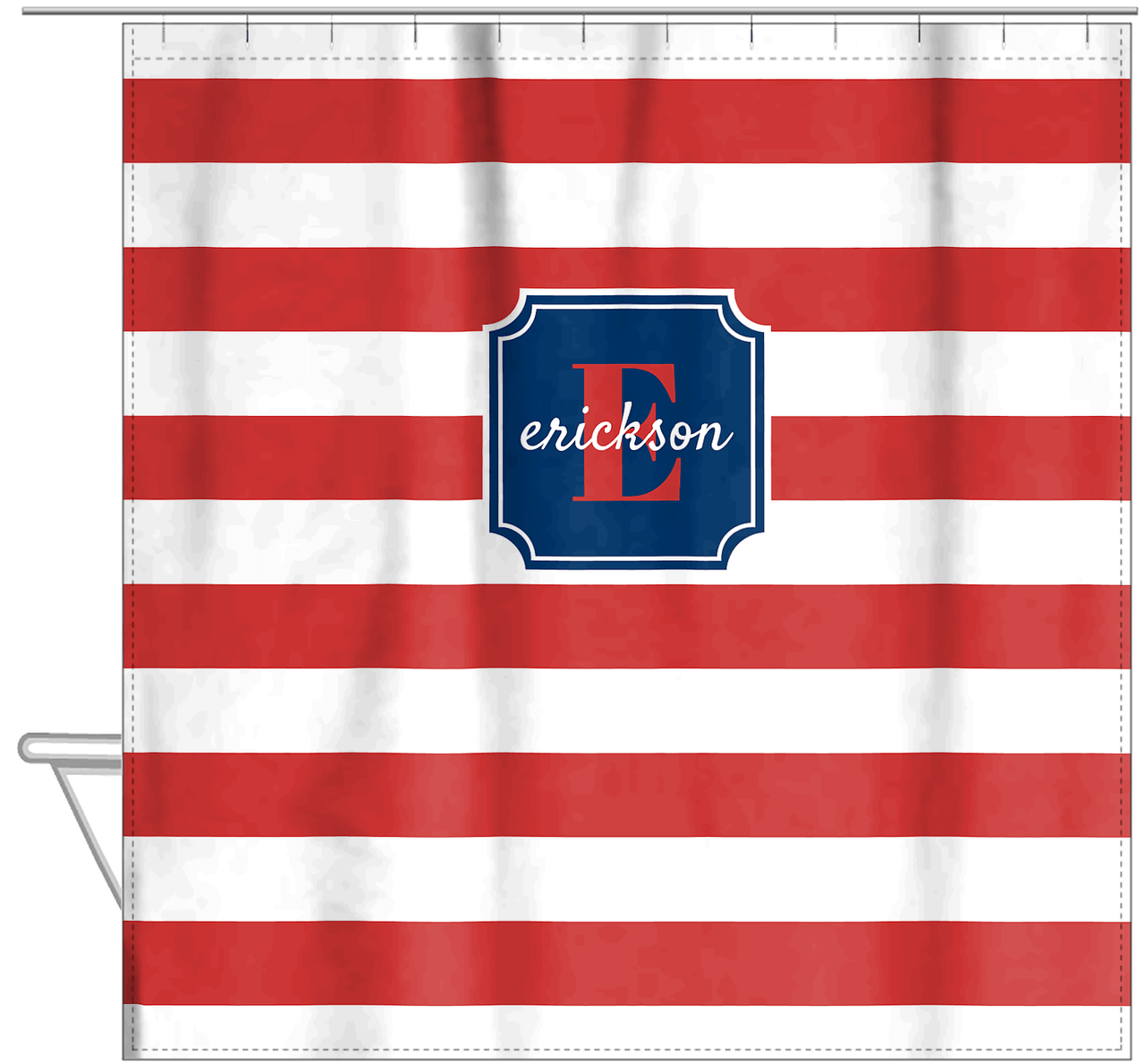 Personalized Striped Shower Curtain - Red, White, and Blue - Stamp Nameplate - Hanging View