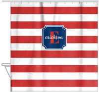 Thumbnail for Personalized Striped Shower Curtain - Red, White, and Blue - Stamp Nameplate - Hanging View