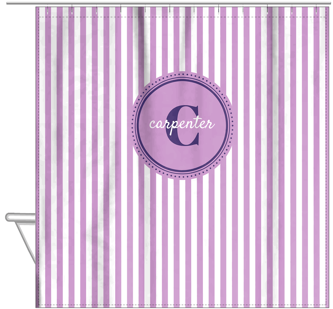 Personalized Striped Vertical I Shower Curtain - Lilac and White - Circle Nameplate - Hanging View