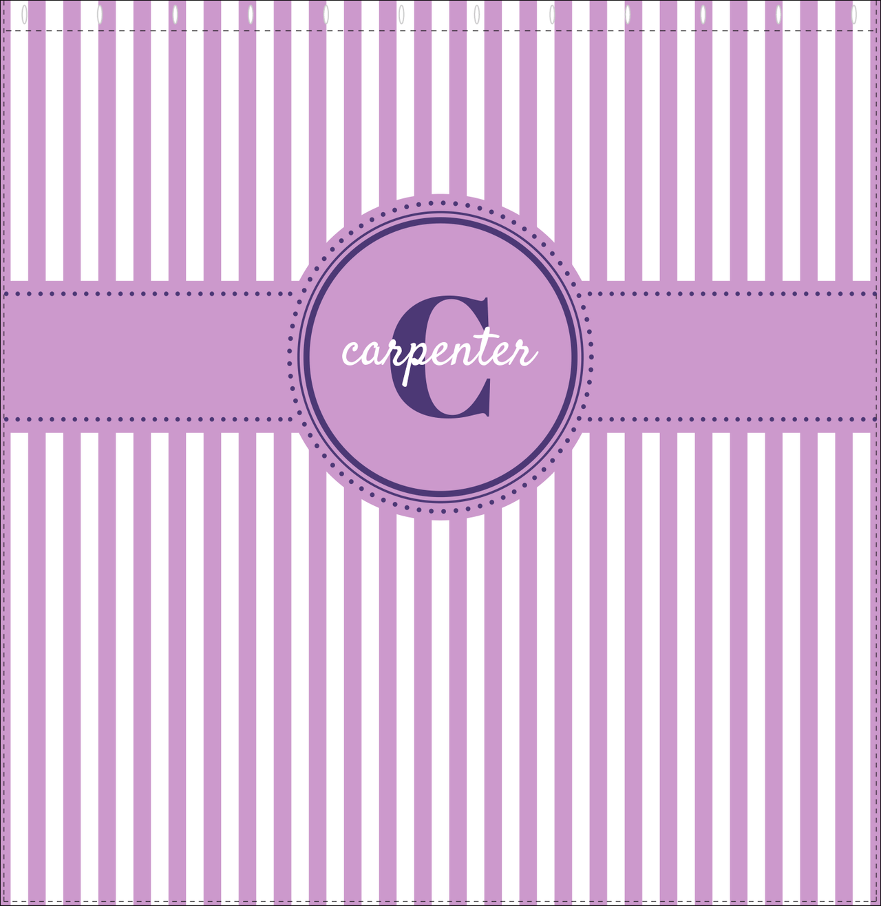 Personalized Striped Vertical I Shower Curtain - Lilac and White - Circle Ribbon Nameplate - Decorate View