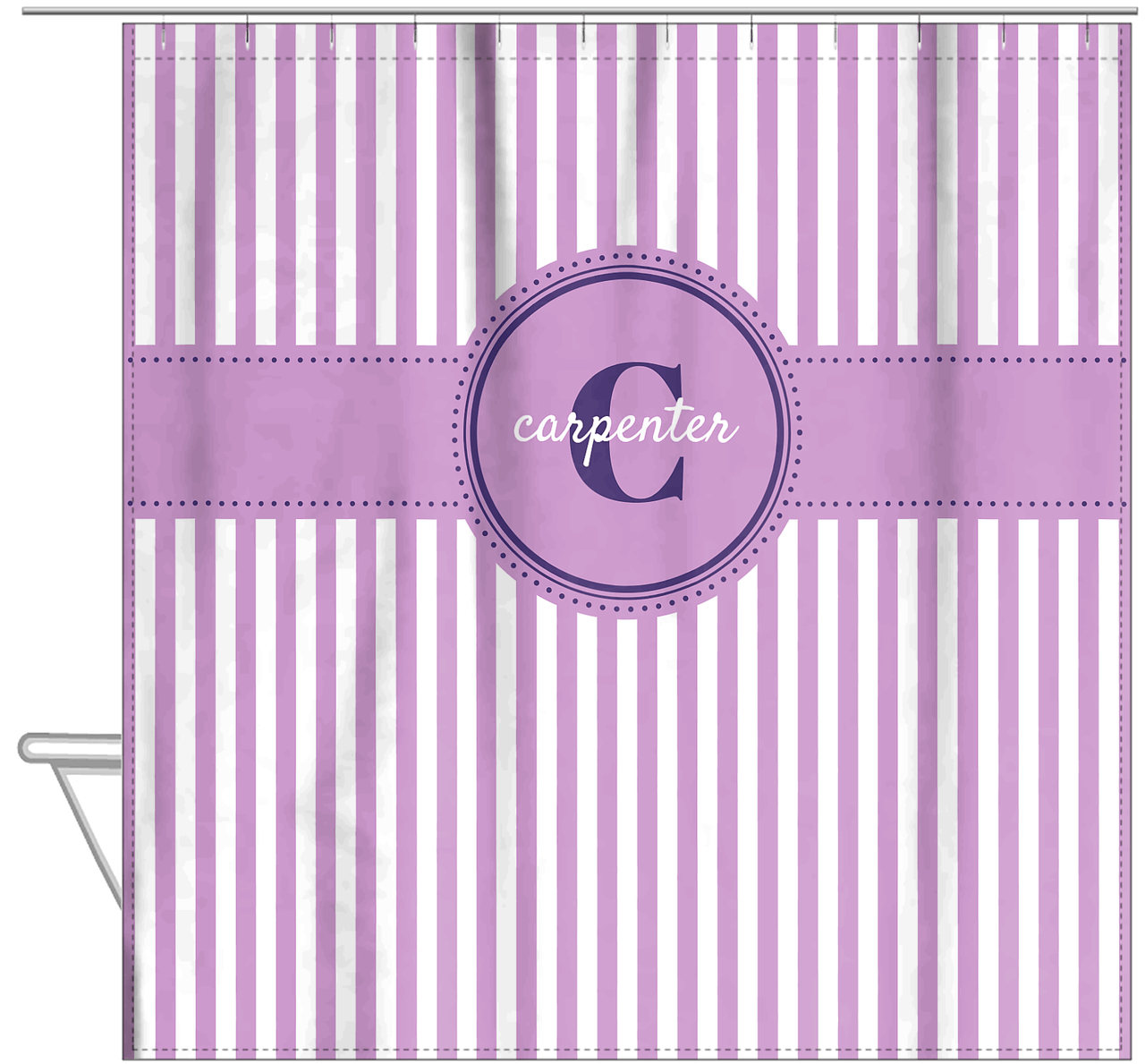 Personalized Striped Vertical I Shower Curtain - Lilac and White - Circle Ribbon Nameplate - Hanging View