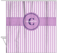 Thumbnail for Personalized Striped Vertical I Shower Curtain - Lilac and White - Circle Ribbon Nameplate - Hanging View