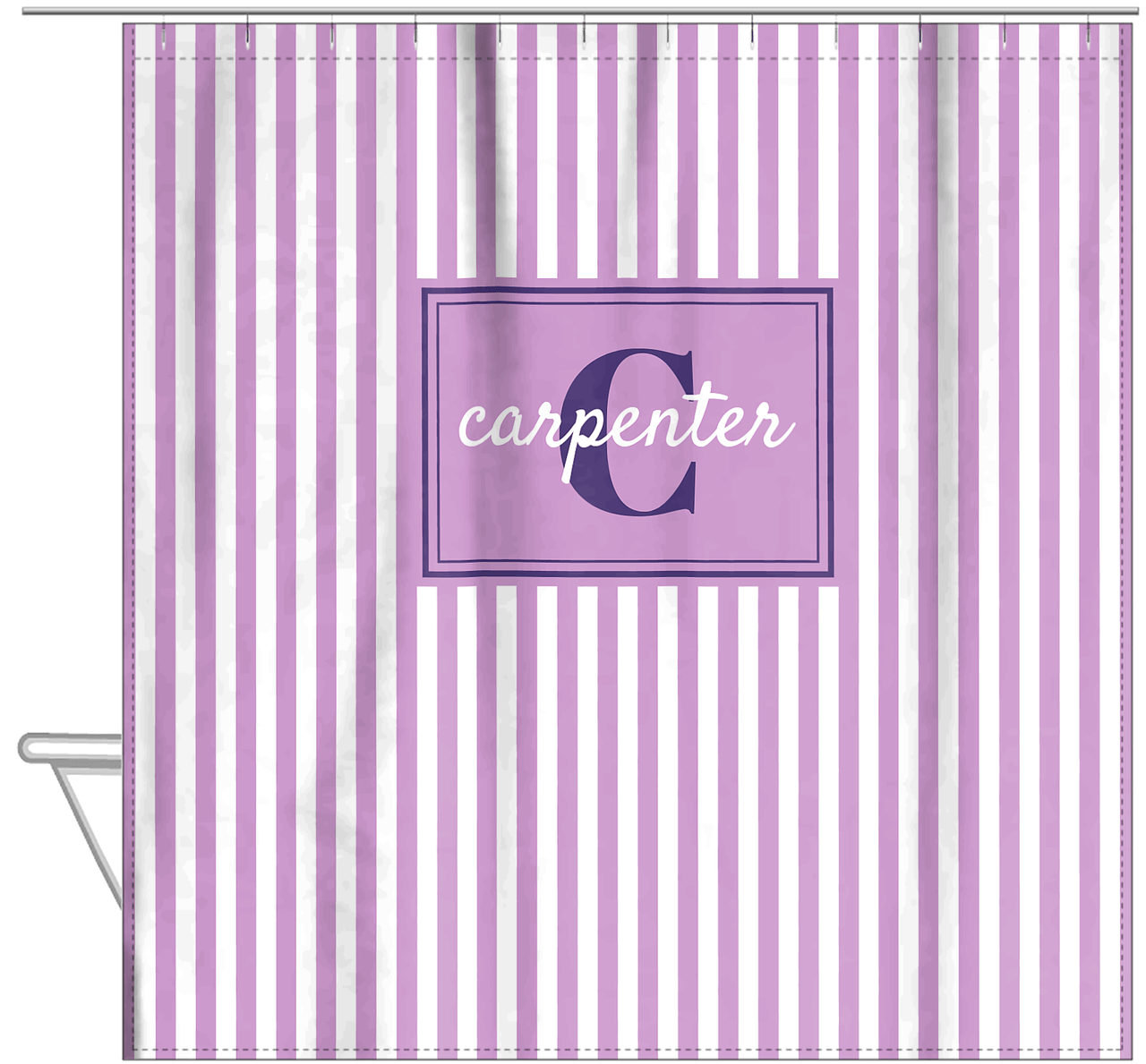 Personalized Striped Vertical I Shower Curtain - Lilac and White - Rectangle Nameplate - Hanging View