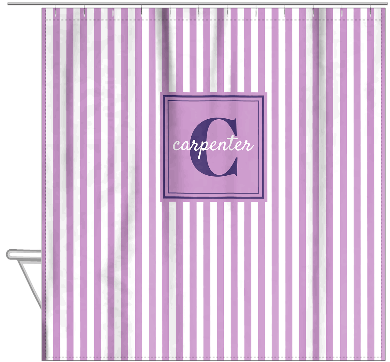 Personalized Striped Vertical I Shower Curtain - Lilac and White - Square Nameplate - Hanging View