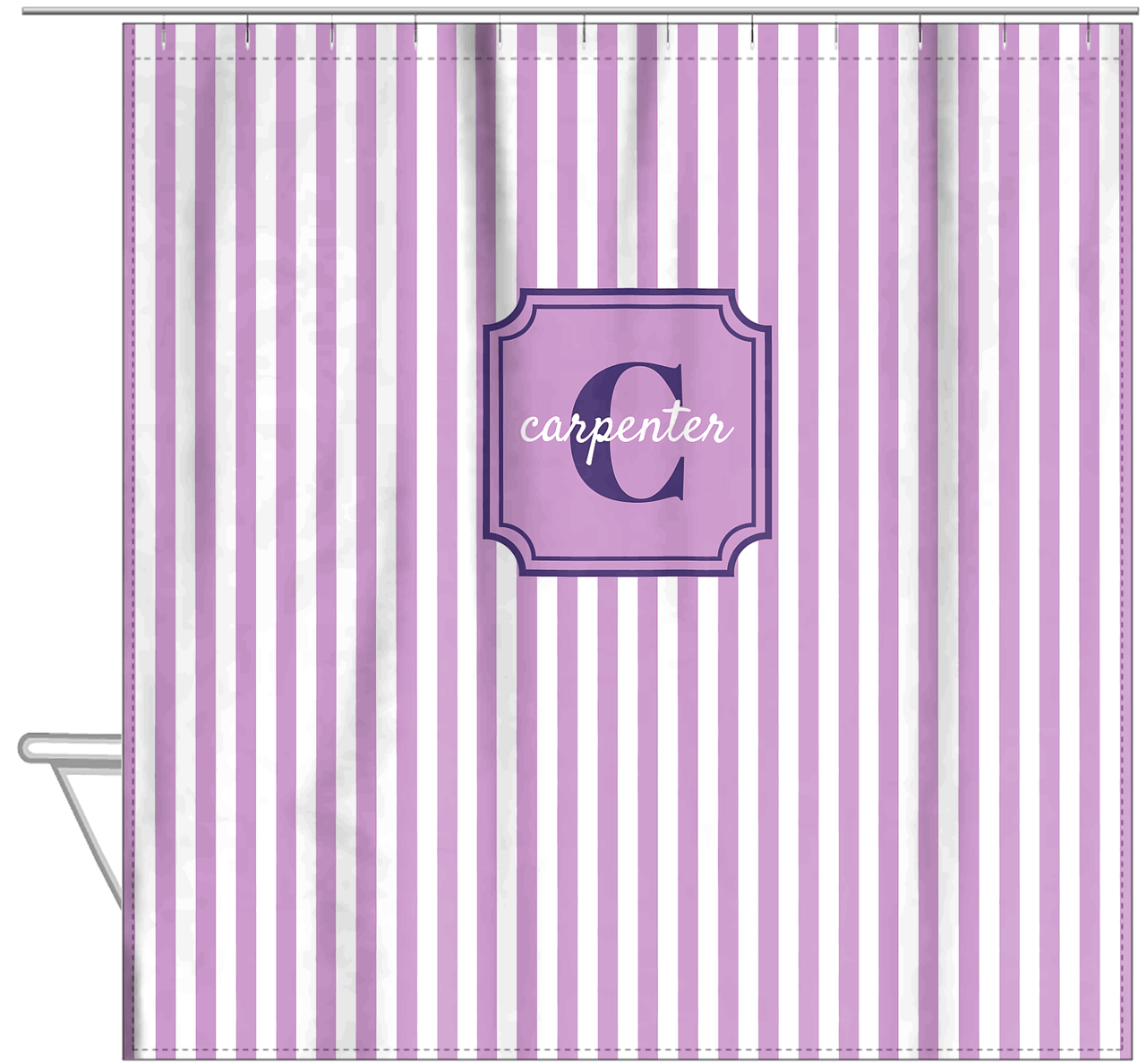 Personalized Striped Vertical I Shower Curtain - Lilac and White - Stamp Nameplate - Hanging View