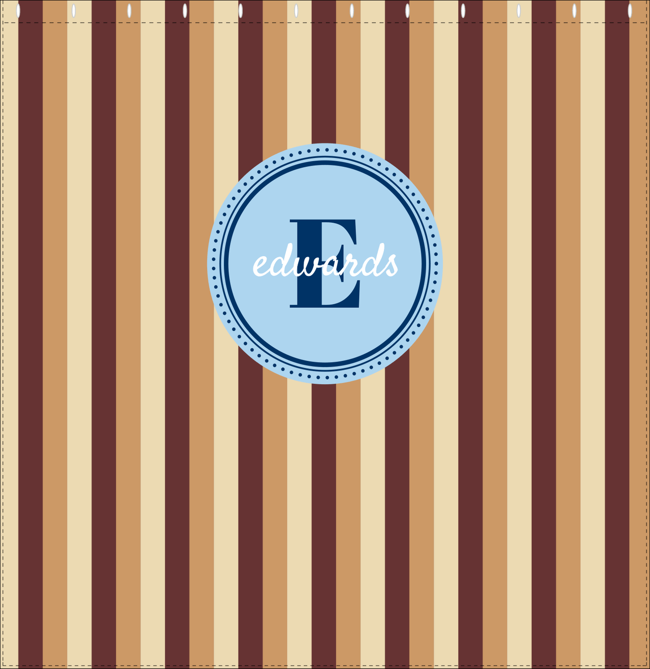 Personalized Striped Vertical II Shower Curtain - Brown and Blue - Circle Nameplate - Decorate View