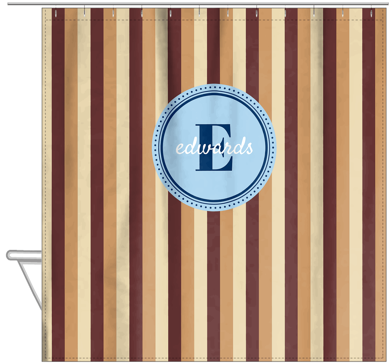 Personalized Striped Vertical II Shower Curtain - Brown and Blue - Circle Nameplate - Hanging View