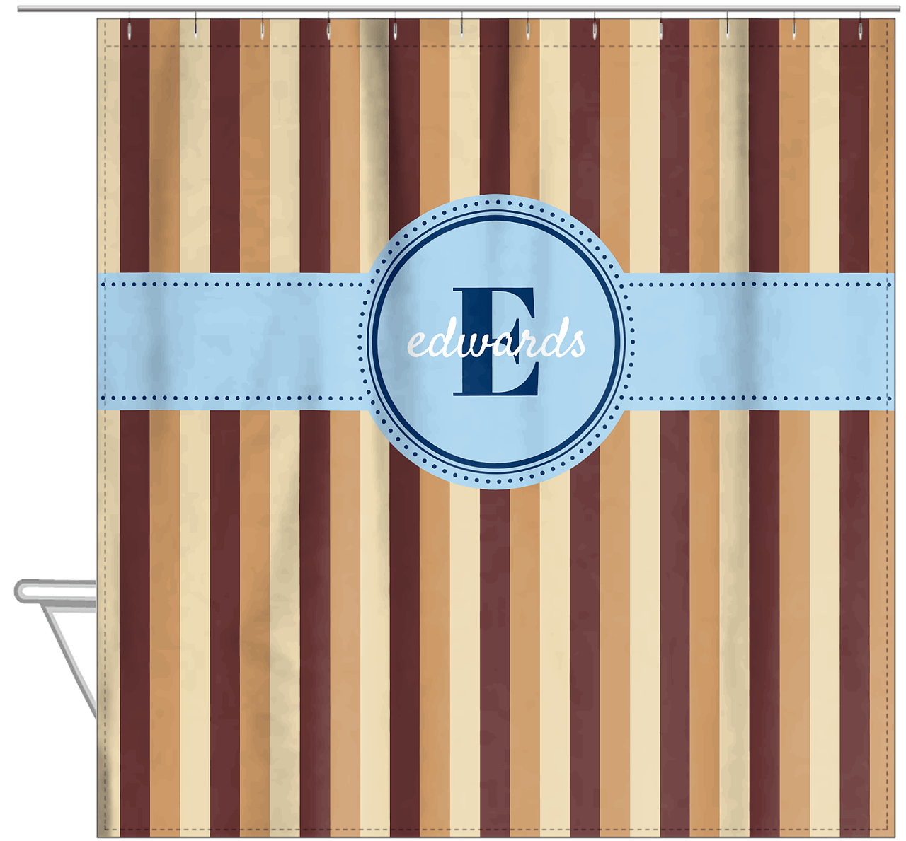 Personalized Striped Vertical II Shower Curtain - Brown and Blue - Circle Ribbon Nameplate - Hanging View