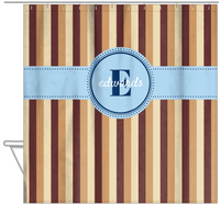 Thumbnail for Personalized Striped Vertical II Shower Curtain - Brown and Blue - Circle Ribbon Nameplate - Hanging View