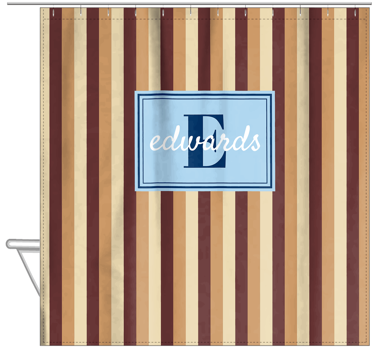 Personalized Striped Vertical II Shower Curtain - Brown and Blue - Rectangle Nameplate - Hanging View