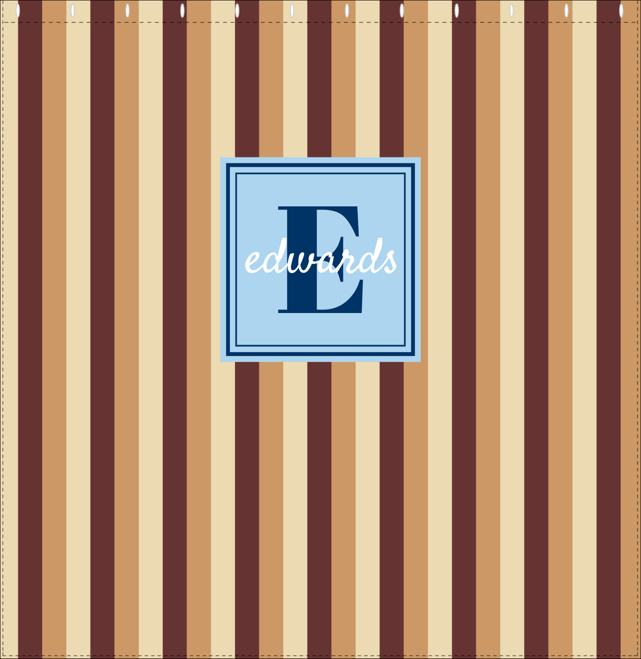 Personalized Striped Vertical II Shower Curtain - Brown and Blue - Square Nameplate - Decorate View