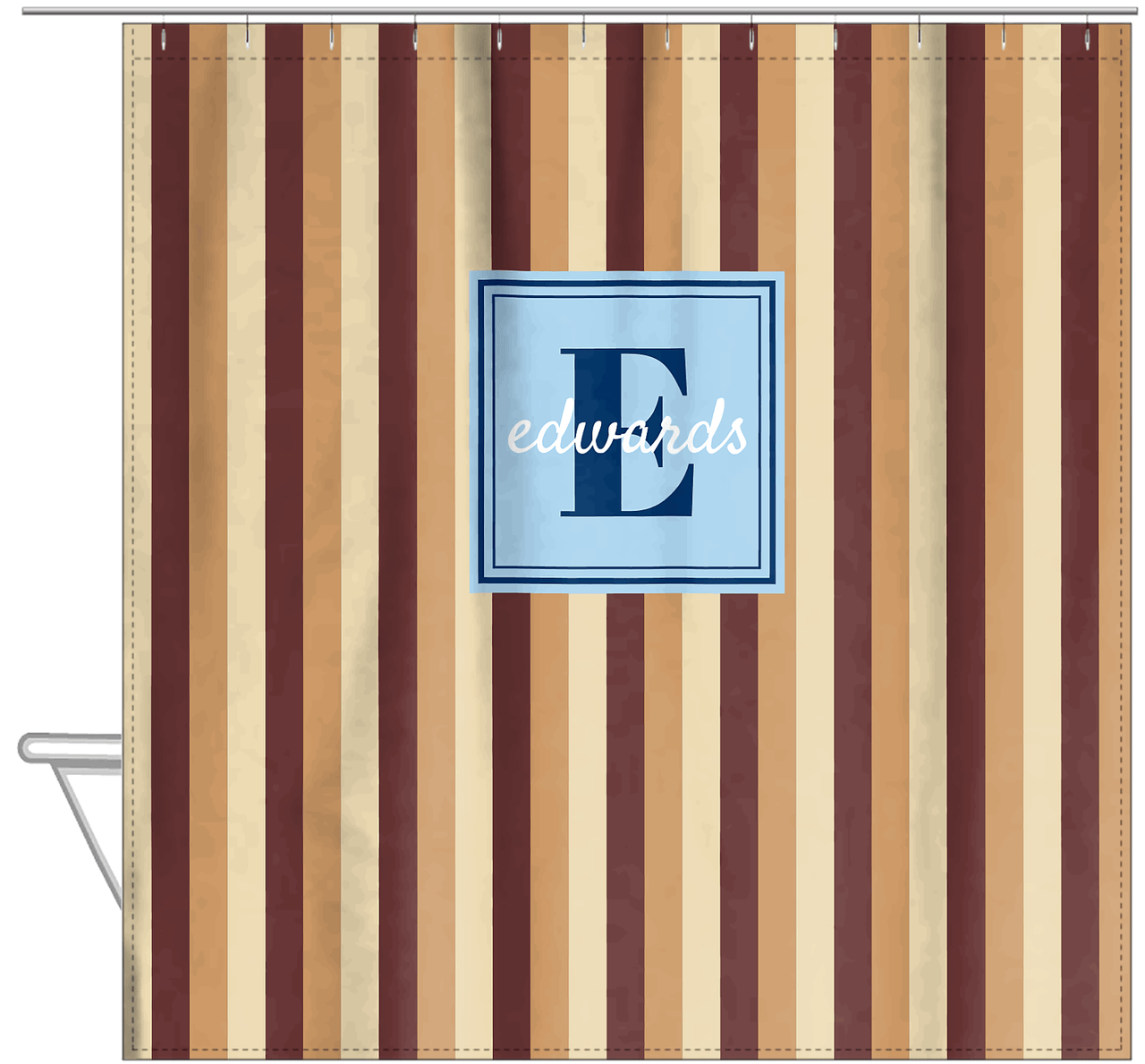 Personalized Striped Vertical II Shower Curtain - Brown and Blue - Square Nameplate - Hanging View