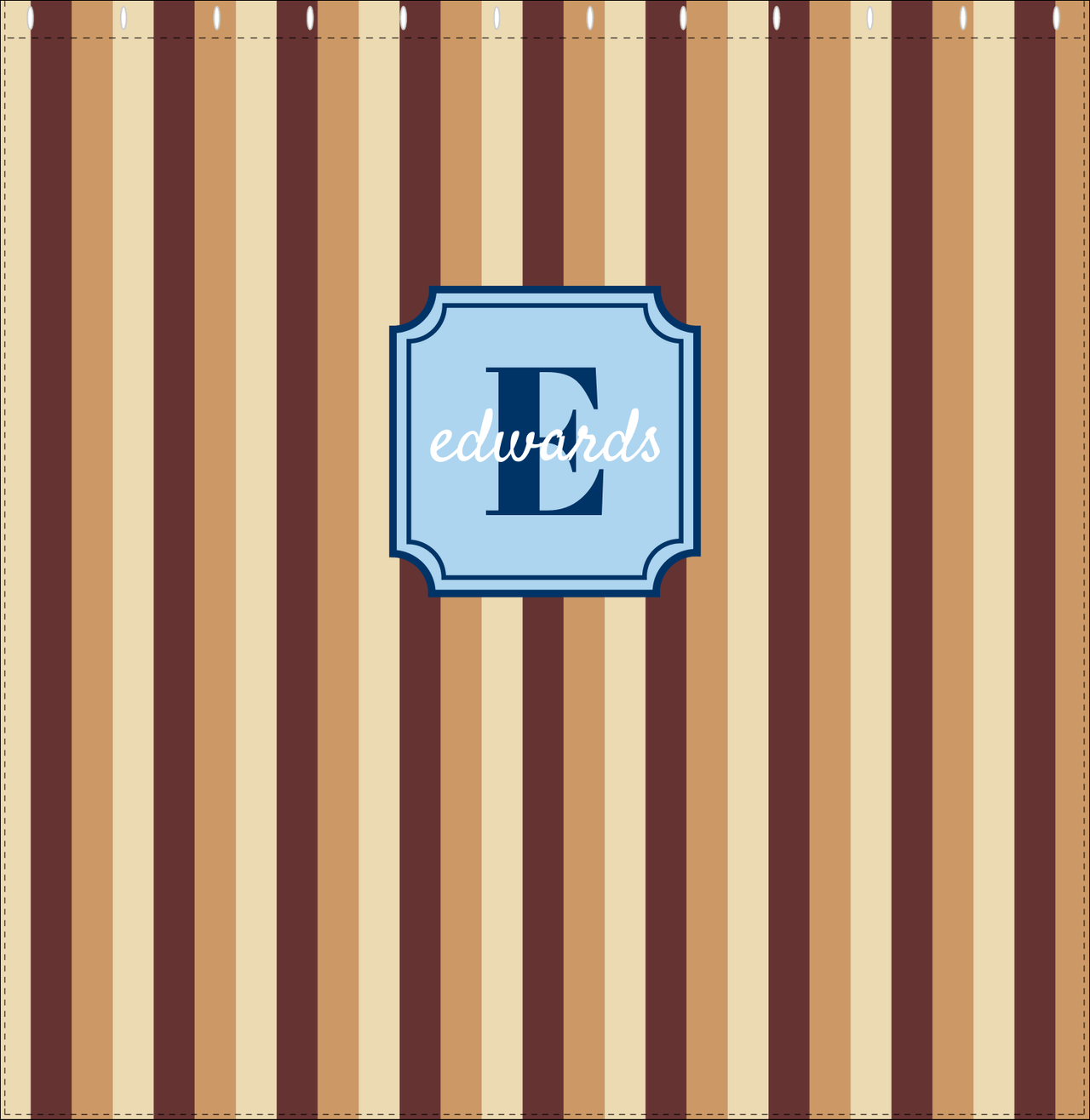 Personalized Striped Vertical II Shower Curtain - Brown and Blue - Stamp Nameplate - Decorate View