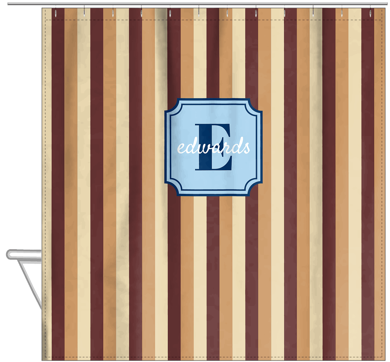 Personalized Striped Vertical II Shower Curtain - Brown and Blue - Stamp Nameplate - Hanging View