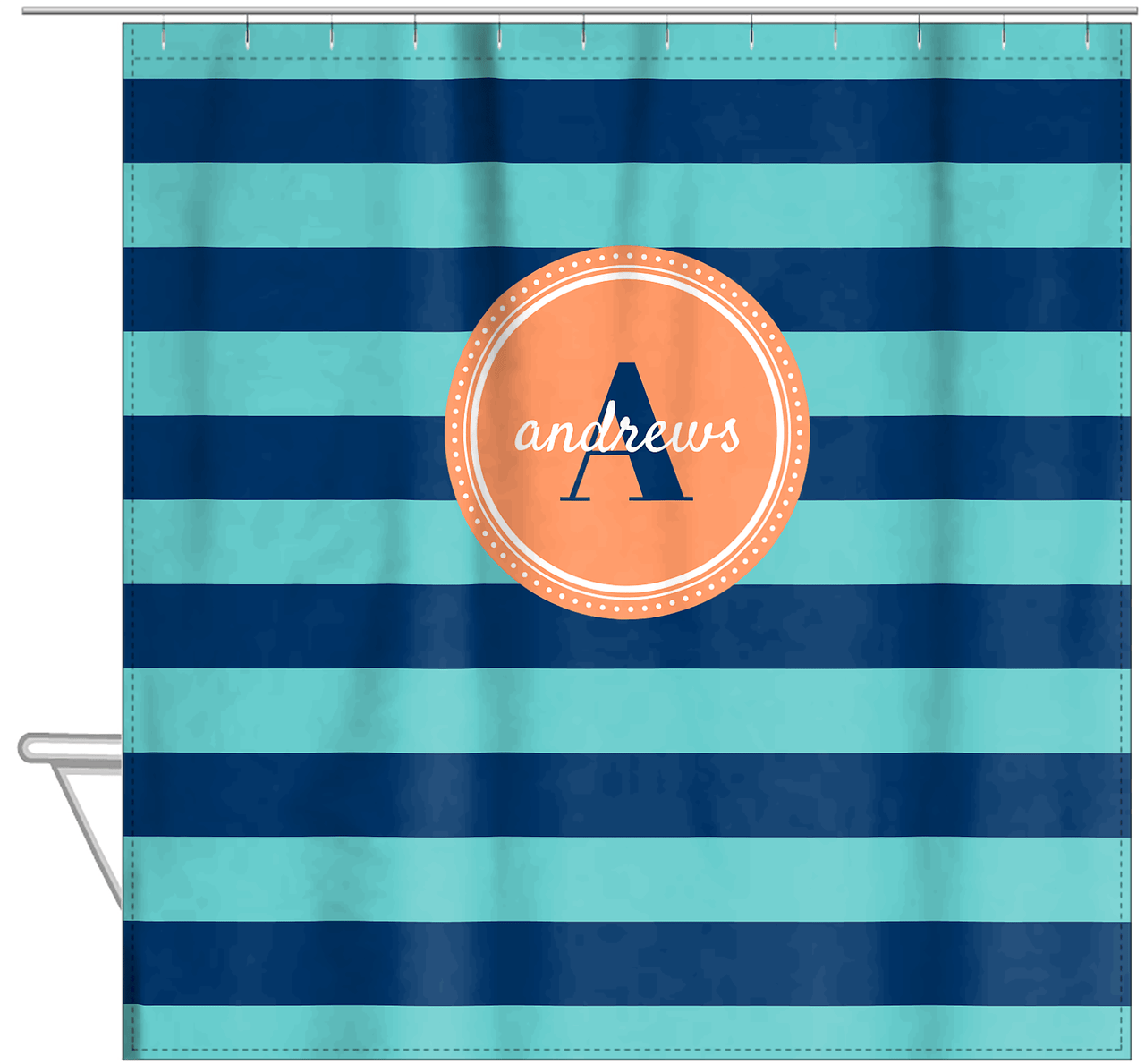 Personalized Striped Shower Curtain - Blue and Orange - Circle Nameplate - Hanging View