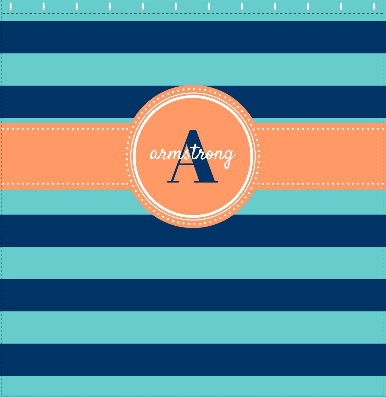 Personalized Striped Shower Curtain - Blue and Orange - Circle Ribbon Nameplate - Decorate View