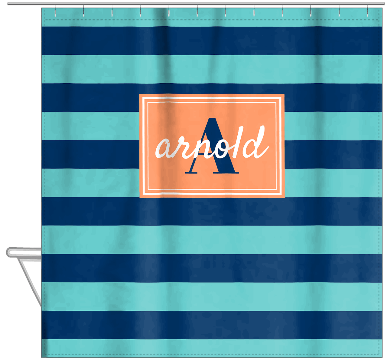 Personalized Striped Shower Curtain - Blue and Orange - Rectangle Nameplate - Hanging View
