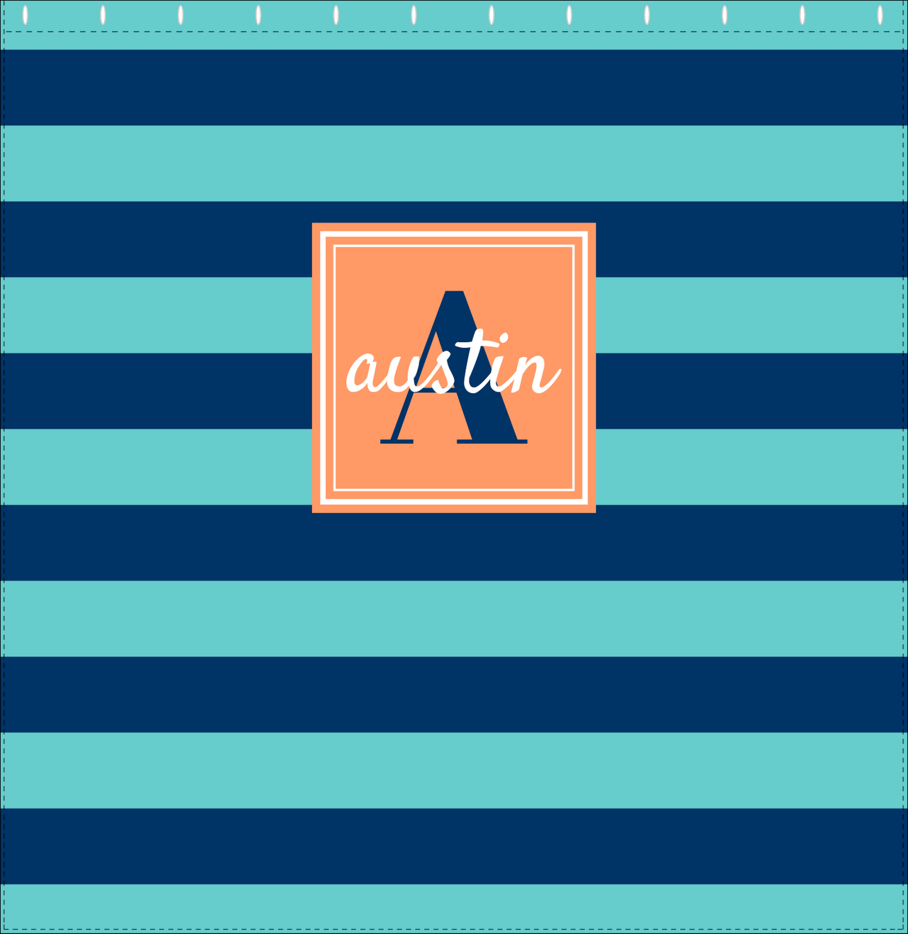 Personalized Striped Shower Curtain - Blue and Orange - Square Nameplate - Decorate View