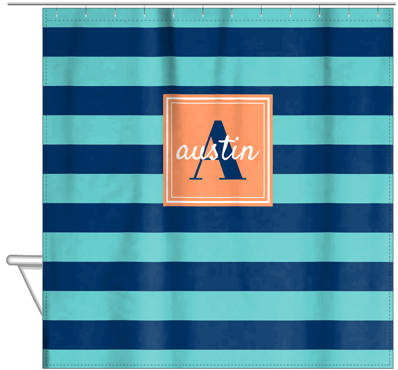 Personalized Striped Shower Curtain - Blue and Orange - Square Nameplate - Hanging View