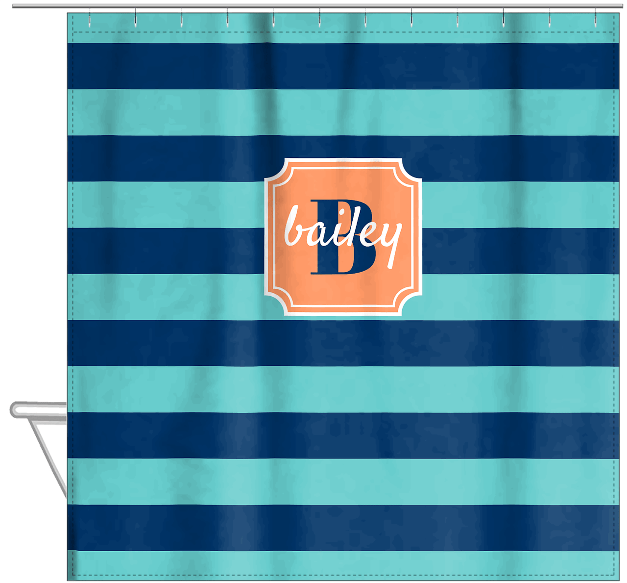 Personalized Striped Shower Curtain - Blue and Orange - Stamp Nameplate - Hanging View