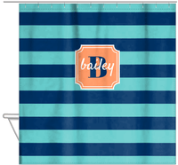 Thumbnail for Personalized Striped Shower Curtain - Blue and Orange - Stamp Nameplate - Hanging View