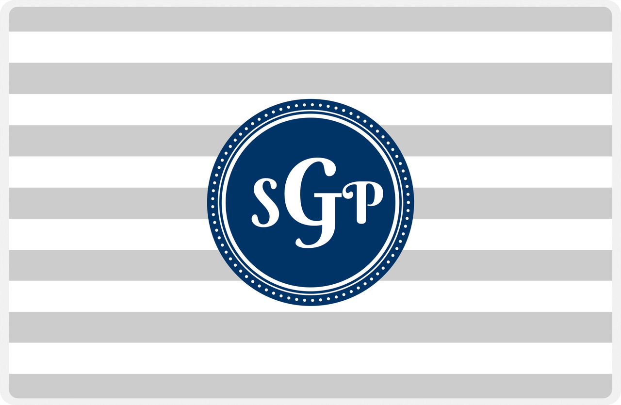 Personalized Striped Placemat - Light Grey and White Stripes - Navy Circle Frame -  View