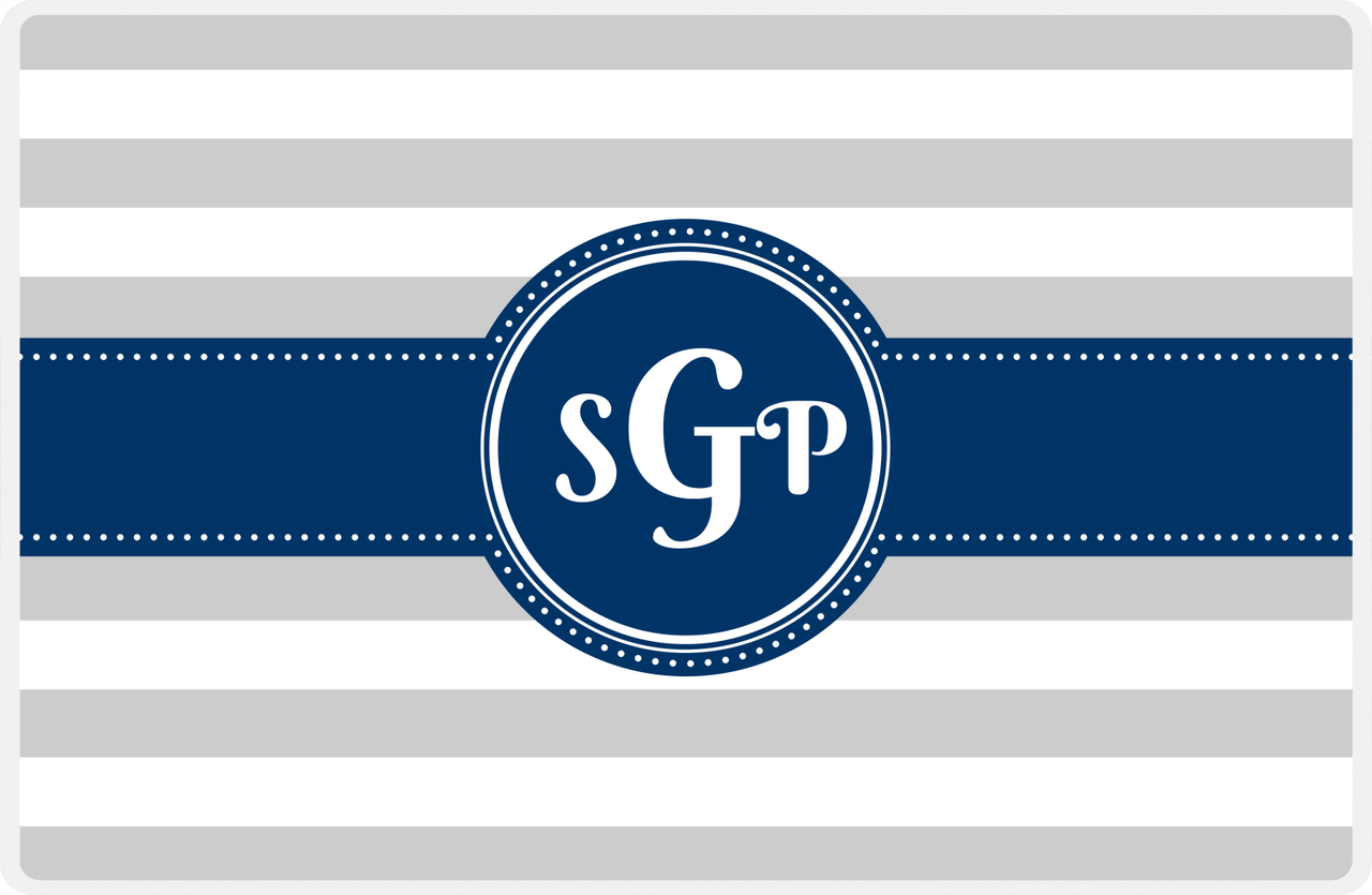 Personalized Striped Placemat - Light Grey and White Stripes - Navy Circle with Ribbon Frame -  View